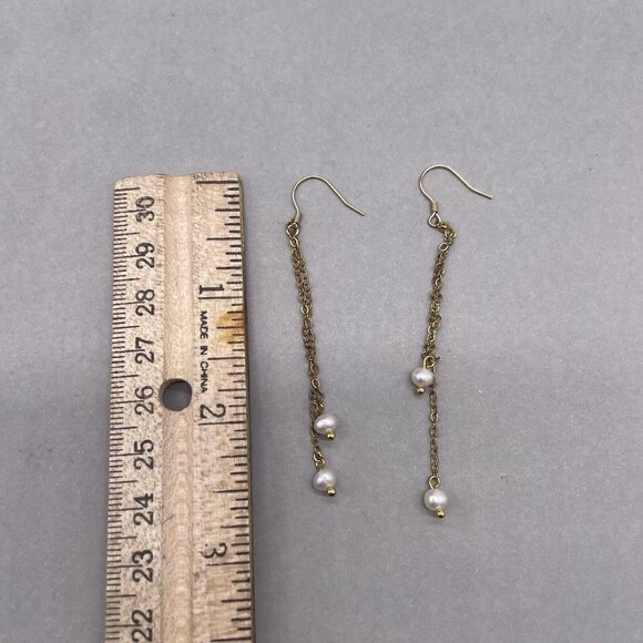 925 Sterling Sterling Silver Gold toned double Long Chain Beaded Dangle Earrings - Picture 4 of 4